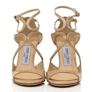 Jimmy Choo lang patent leather strappy nude heeled sandals